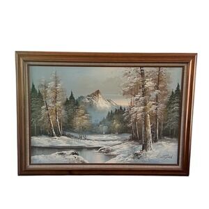 Vintage G. Whitman Framed Landscape Oil Painting Canvas Trees Snow Cottagecore